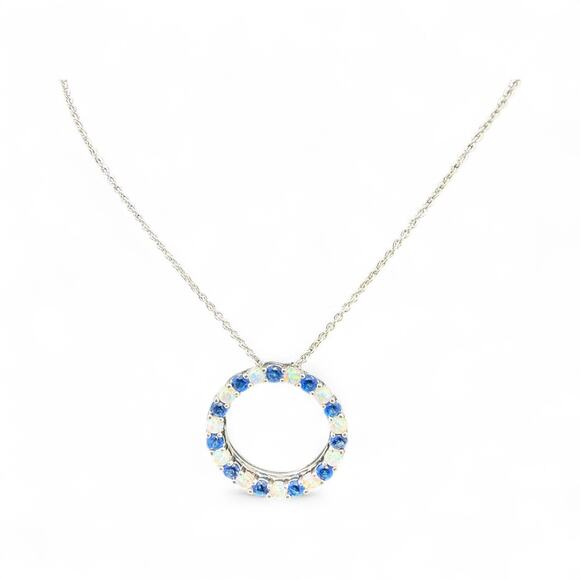 Created Opal And Sapphire Circle Pendant Necklace 18 inches Sterling Silver - Picture 3 of 4